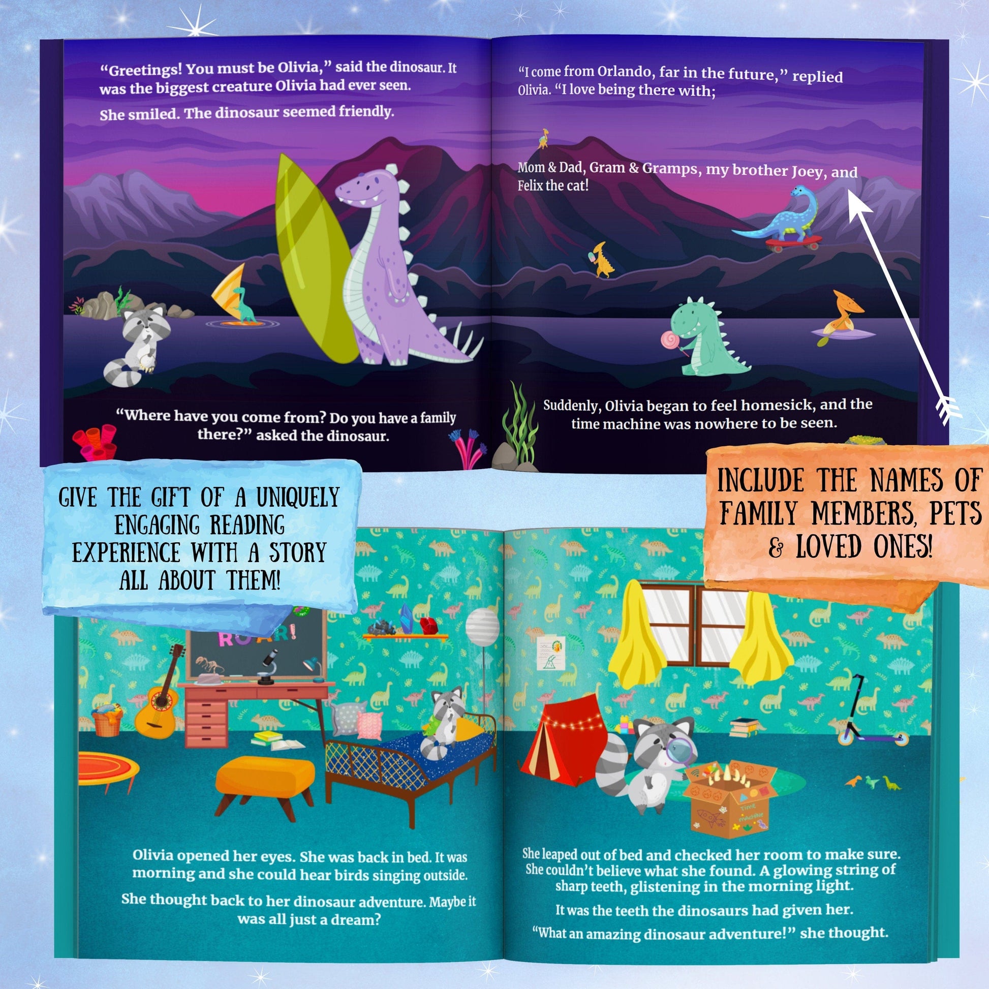 Personalized Book - Dinosaur Adventure - Custom Personalized Book w/child and family personalizations, great dinosaur gift for birthday